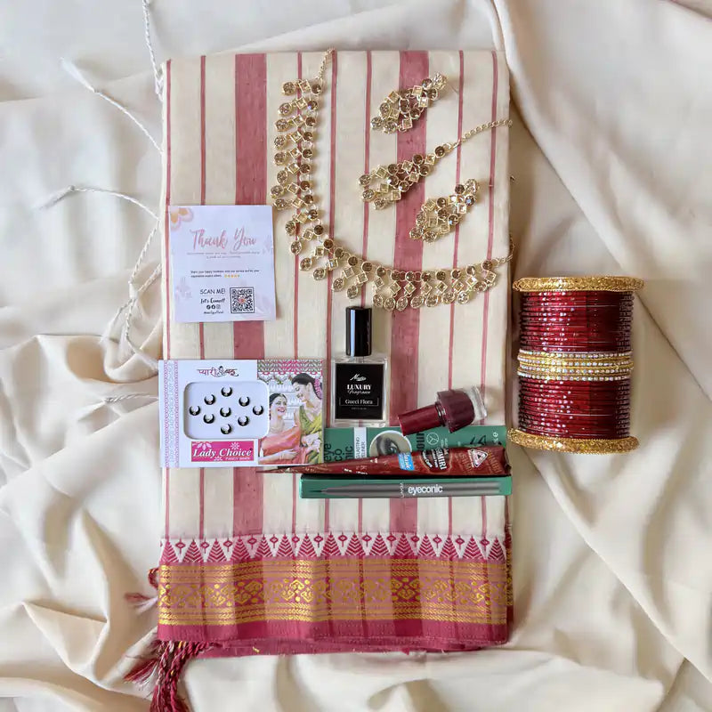 Saree with Customized Churi Necklace Set & Perfume